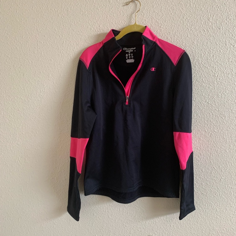Champion Pink & Black Women`s PowerTrain Tech Fleece 1/4 Zip Pullover (M) 🌴